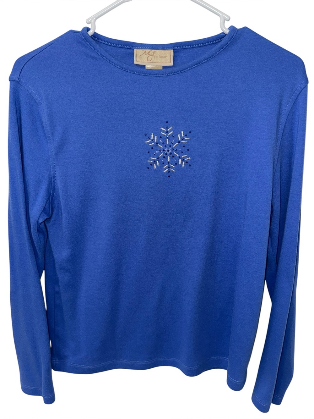 MC Sportswear Women’s Medium Blue Snowflake Beaded Long Sleeve Winter Top